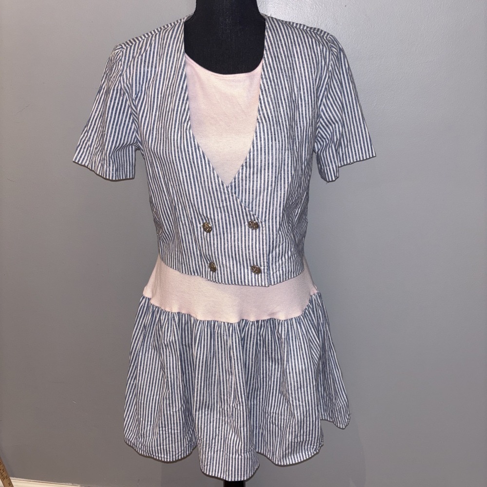 VTG Joni Blair Pink Blue Pinstripes Overlay Jacket Dress Cottagecore 90's Size 9